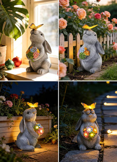 Solar Powered Rabbit Statue with Butterfly Flowers Lights for Garden Backyard Decor