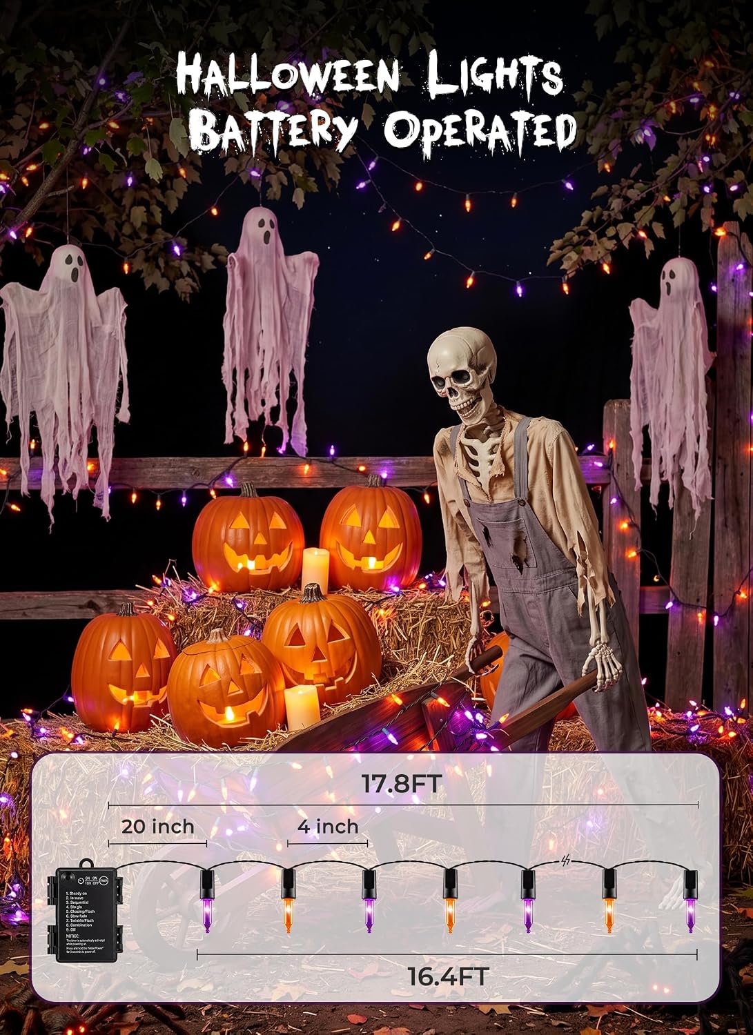 2Pack 35.6FT 100LED Battery Operated Mini Orange Purple Lights for Halloween Party Haunted House, 8 Modes