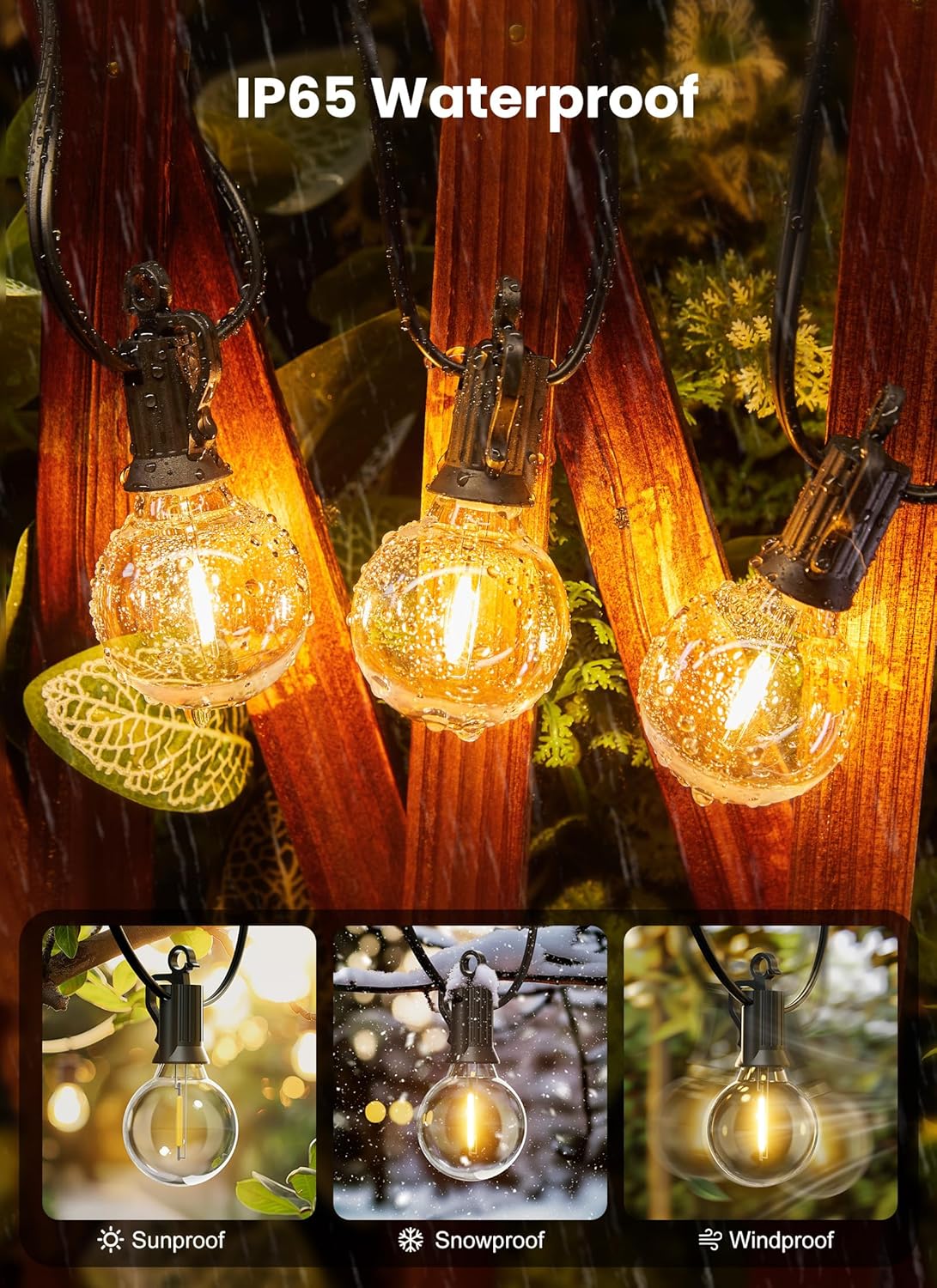 50ft Connectable Patio Lights with 52 G40 LED Plastic Bulbs (2 Spare) for Backyard Bistro Balcony Porch Party Wedding, E12, 2200K, Black