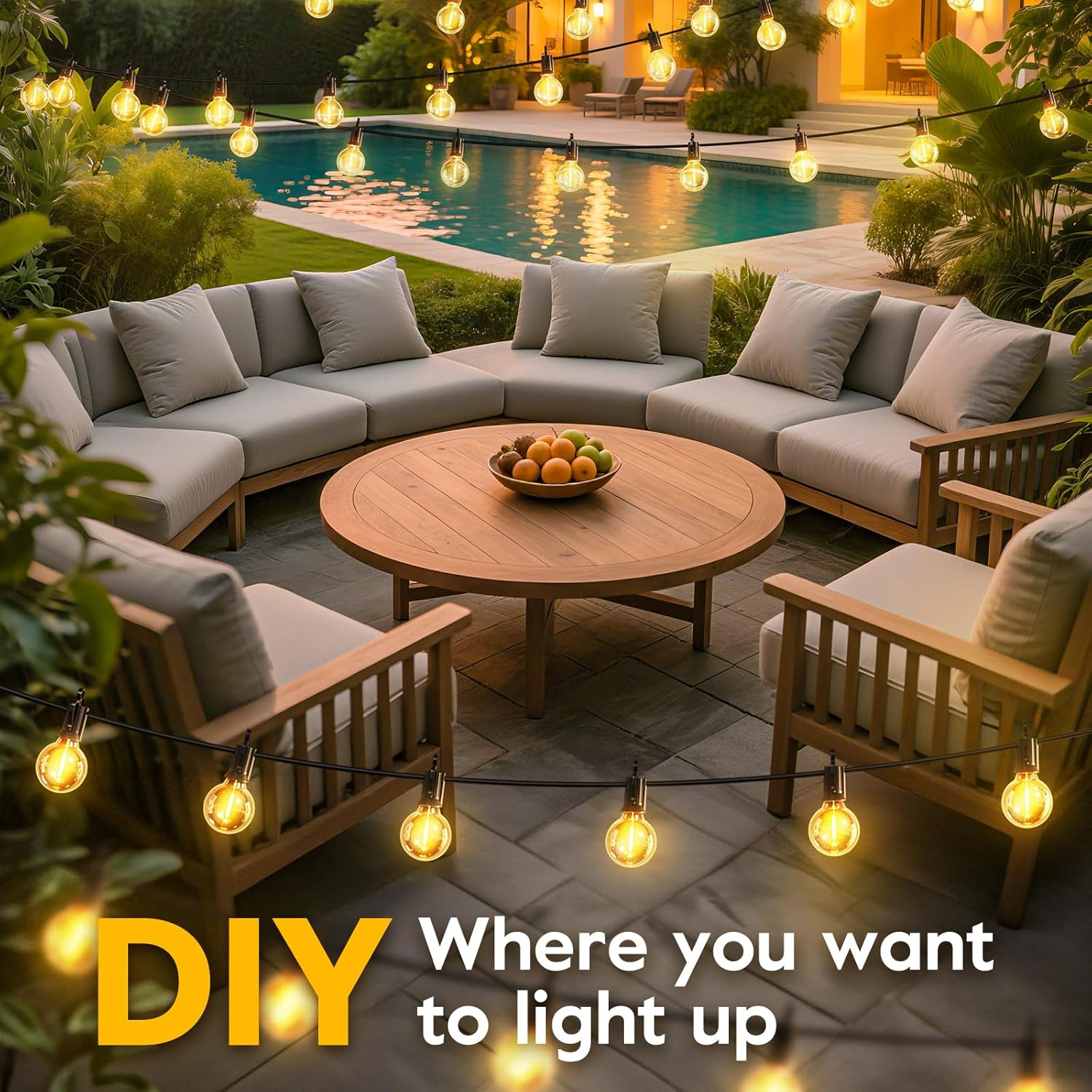 38FT Solar Powered G40 15 LED Bulbs String Lights for Patio Garden Cafe Wedding Deck