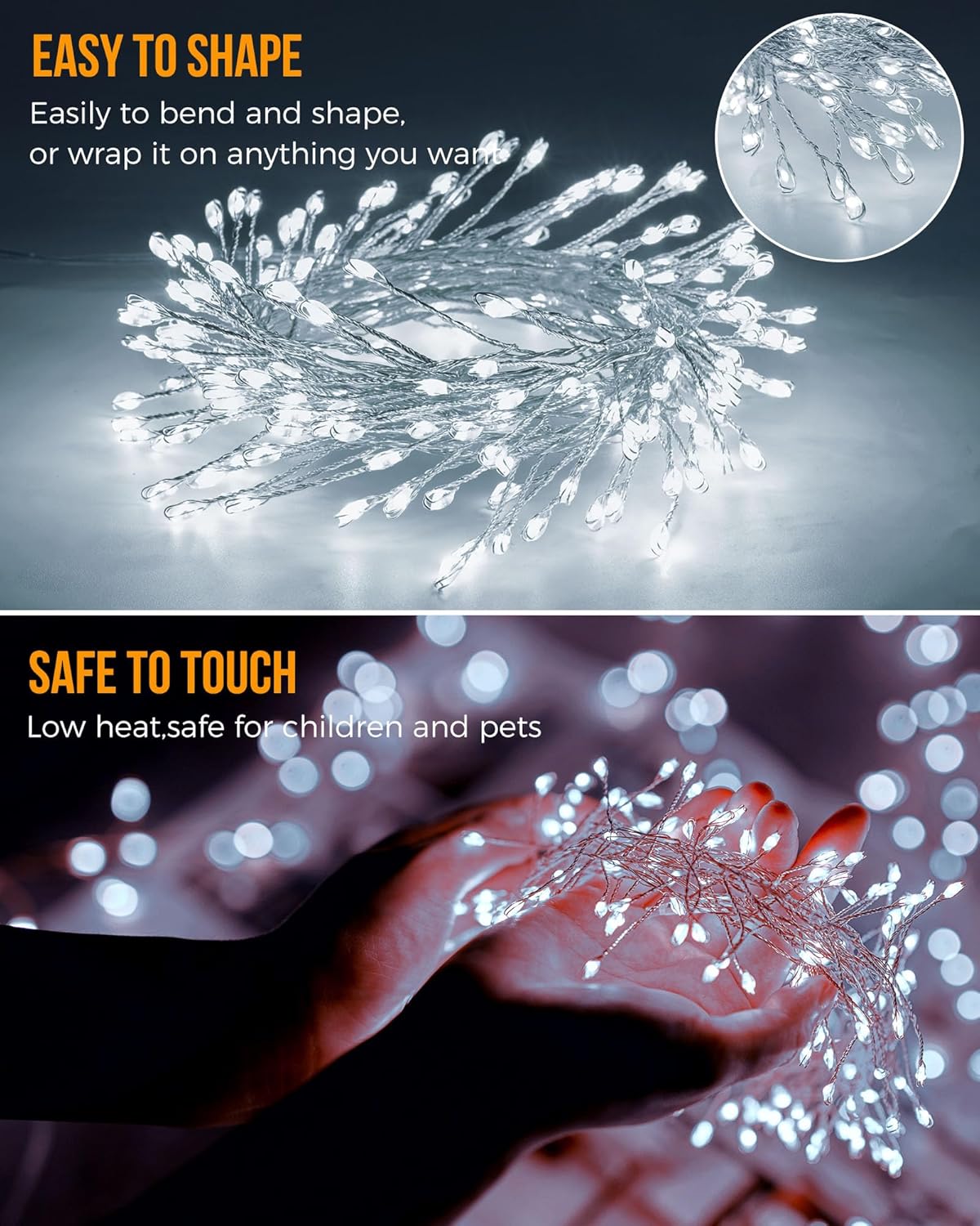 Pure White 10ft 120 LED Battery Operated Silver Wire Firecracker Cluster Lights for Christmas Wedding DIY Decor