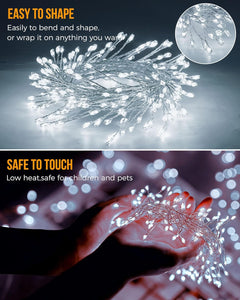 Pure White 10ft 120 LED Battery Operated Silver Wire Firecracker Cluster Lights for Christmas Wedding DIY Decor