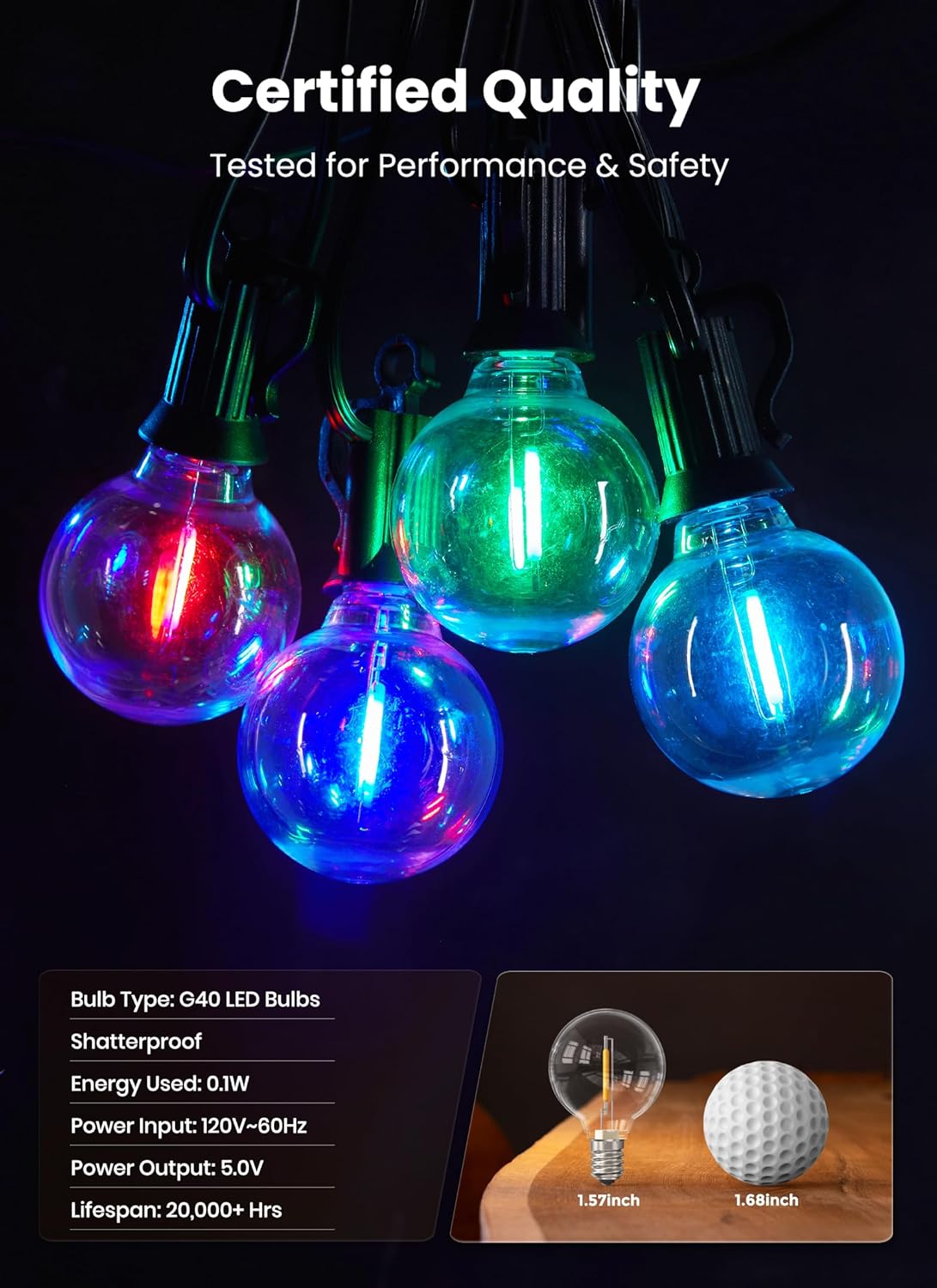 58FT Plug In G40 27 LED Bulbs String Lights for Patio Garden Cafe Wedding Deck, Multicolor