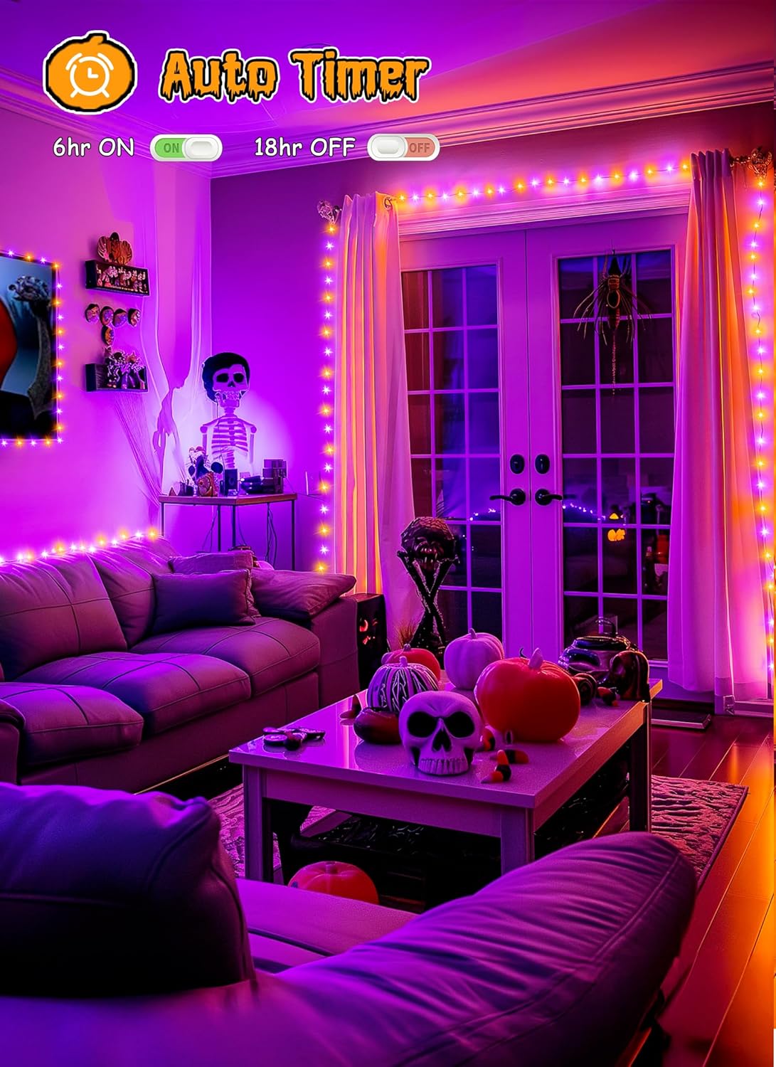 Halloween String Lights Battery Operated 10FT 120 LED Orange Purple