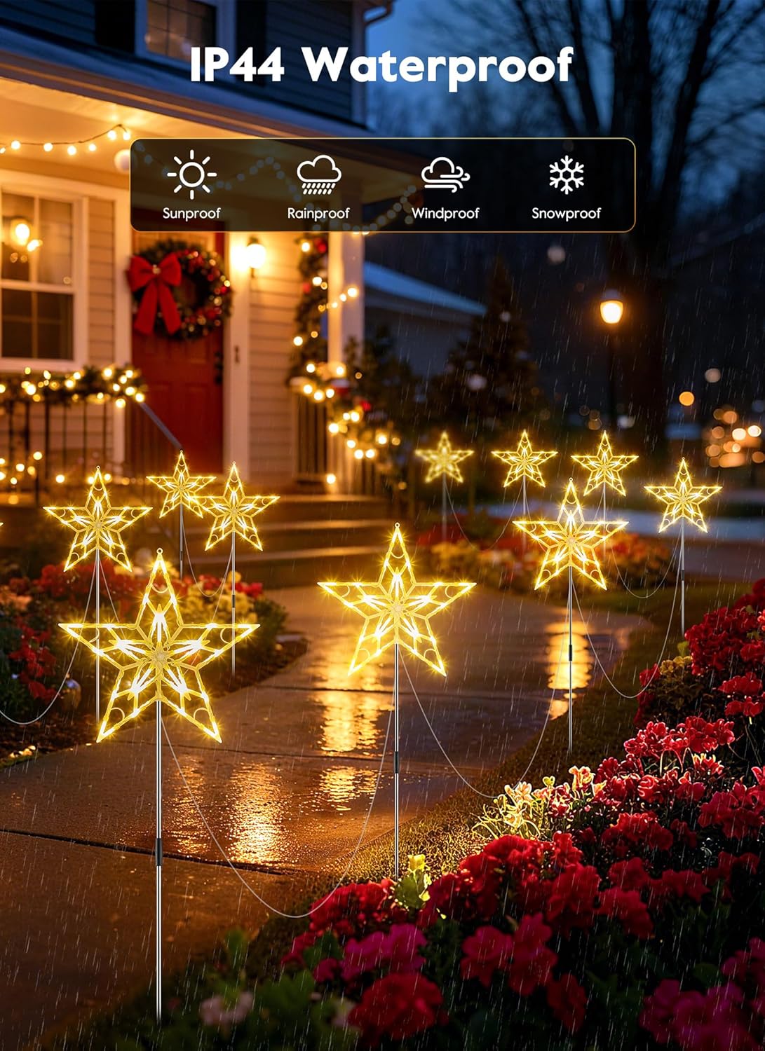 10Pcs/Set Large Waterproof Star Stake Pathway Lights for Outdoor Christmas Decorations, Warm White