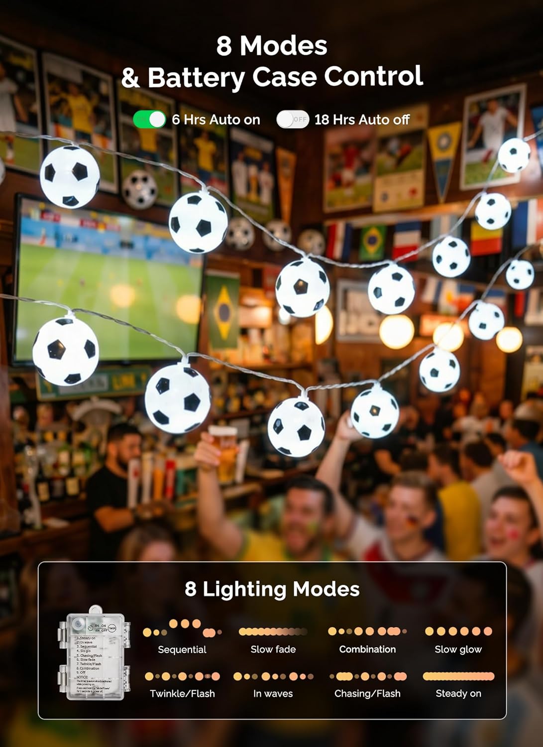11Ft Battery Operated 20 LED Soccer Ball String Lights for Sports Fans, 8 Modes, White