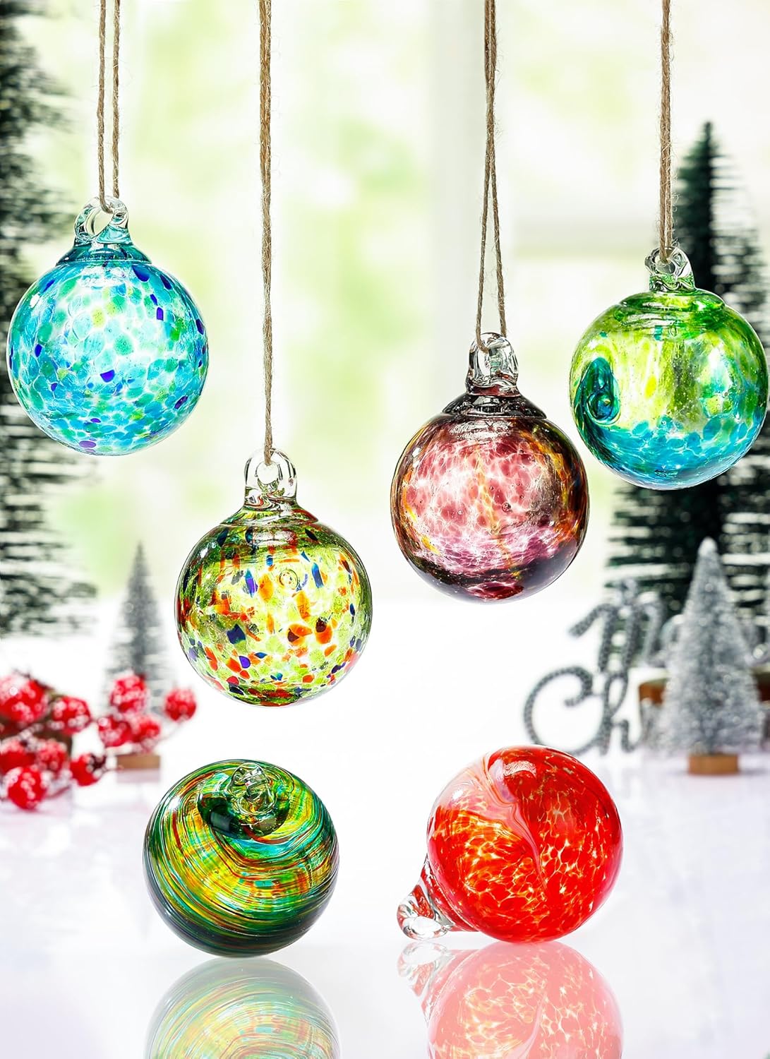 Handcrafted Glass Christmas Ornaments - 6 Pack Vintage Decorations for Tree and Gifts