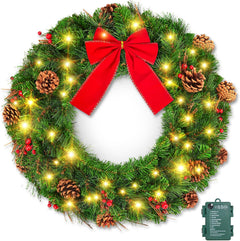 24 Inch Pre-Lit Christmas Wreaths for Front Door, IP44 Battery Operated 50 LED Christmas Wreath