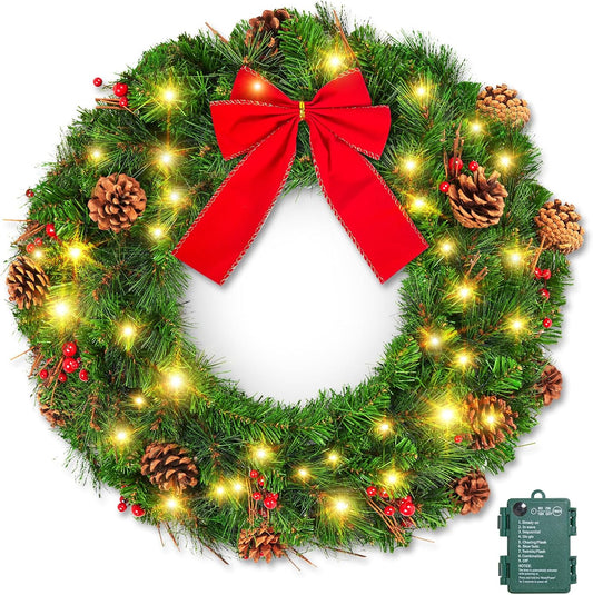24 Inch Pre-Lit Christmas Wreaths for Front Door, IP44 Battery Operated 50 LED Christmas Wreath