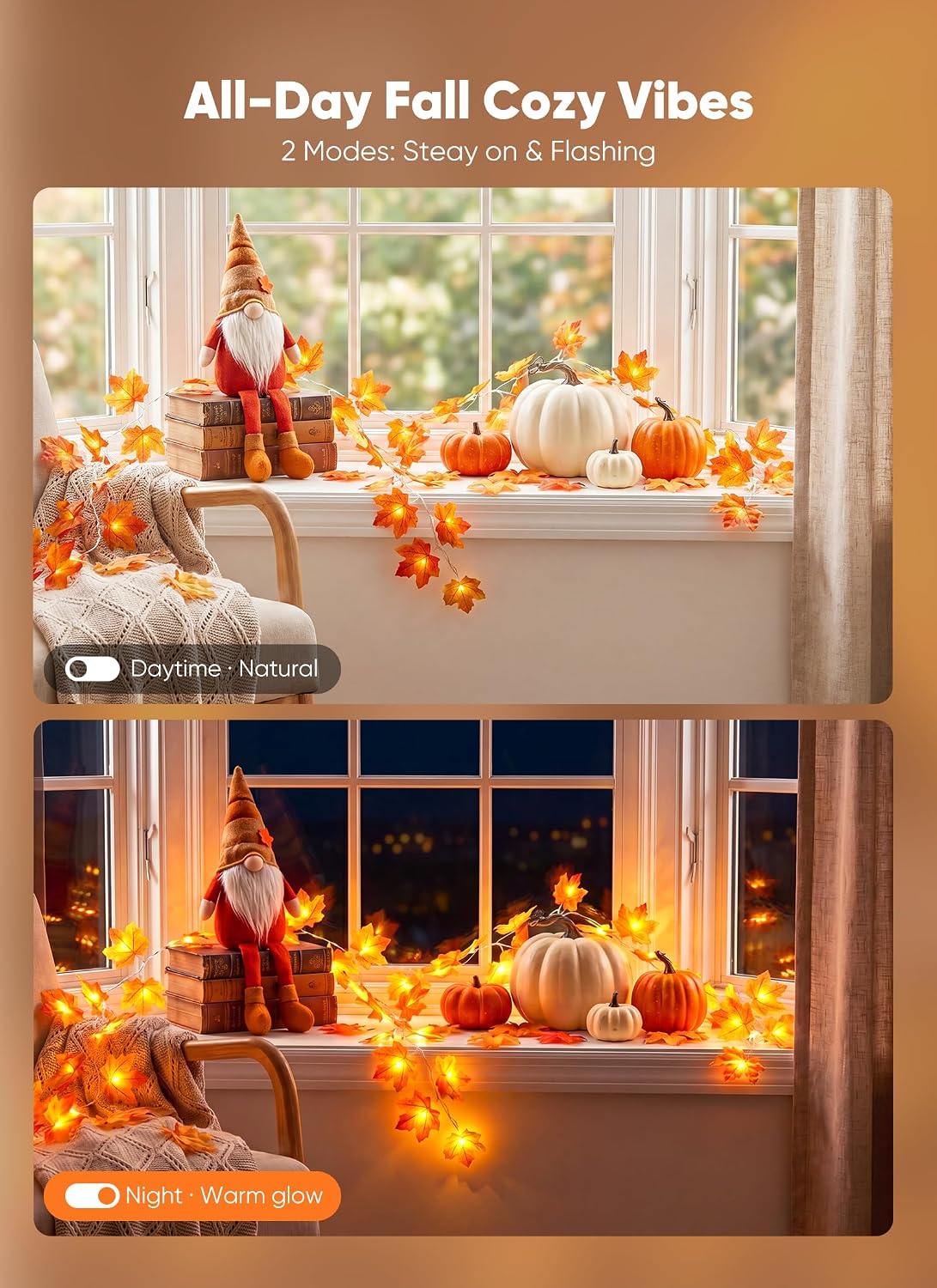 2Pack Total 20Ft 40LED Battery Operated Fall Garland with Lights for Halloween Autumn Fall Decor