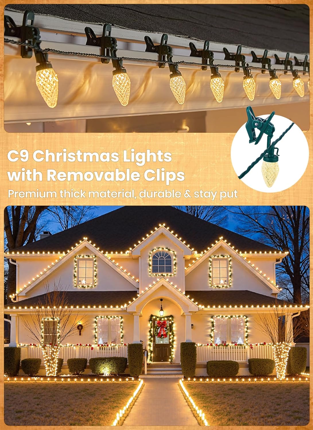 68Ft Plug in 100 LED C9 Christmas String Lights with Quick Clips for Roofline Patio Decor, Warm White