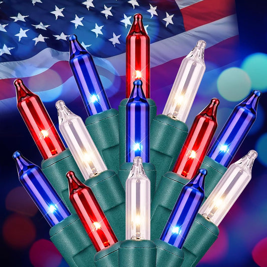 13ft 50 LED Plug in Red White Blue Mini Bulbs String Light for 4th July Independence Day, Green Wire