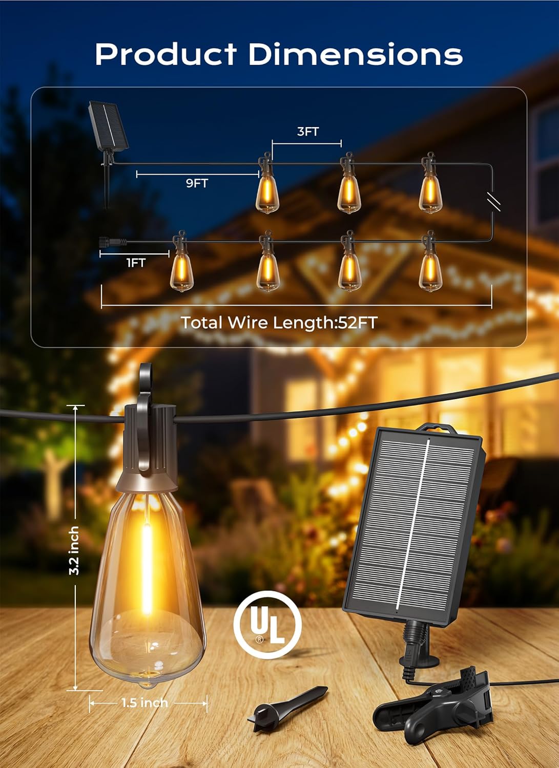 52FT Solar Powered ST38 15+1 Shatterproof LED Blubs String Lights Outdoor for Backyard Porch Deck