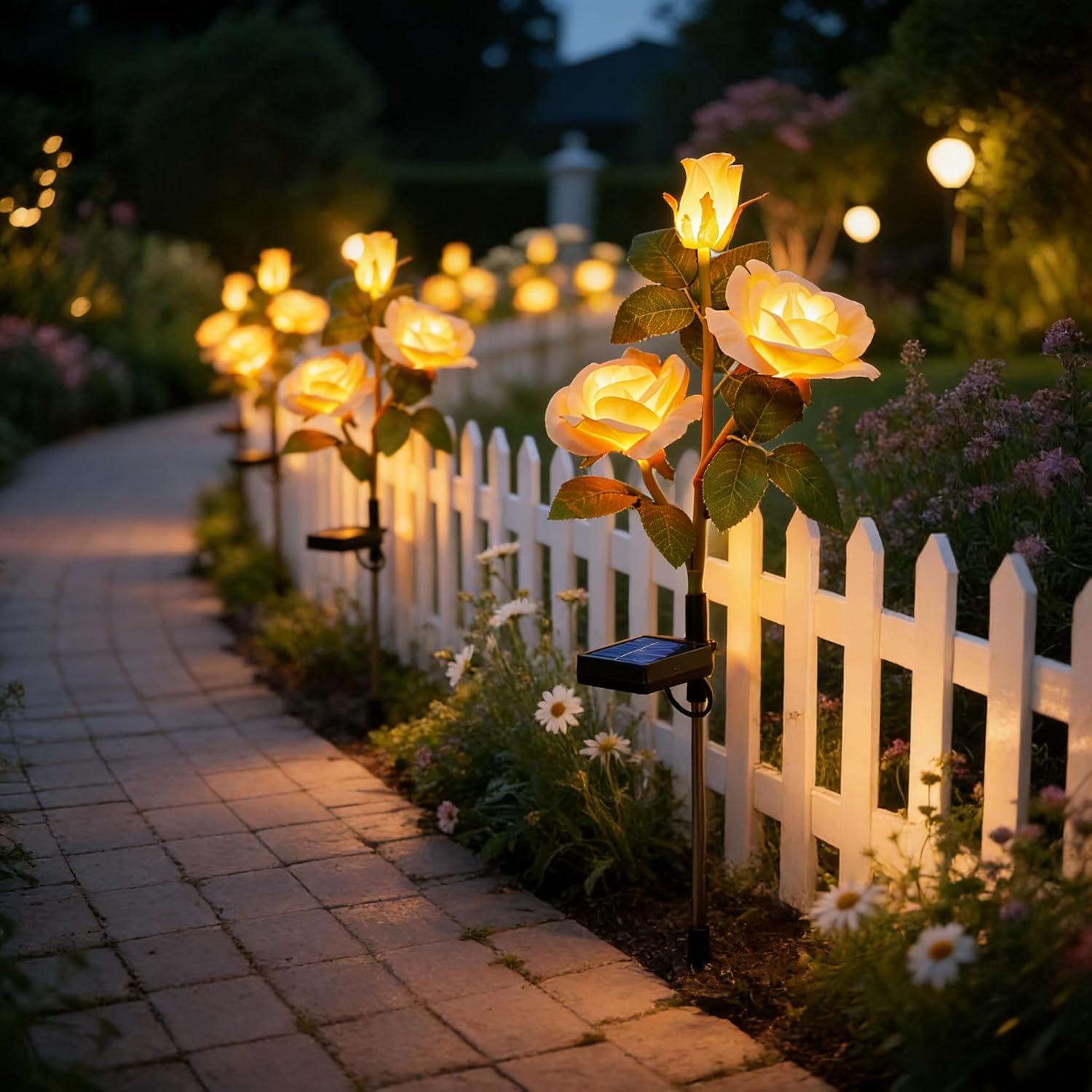 4 Pack Realistic Champagne Rose Flowers Solar Garden Pathway Lights for Yard & Patio Decorations