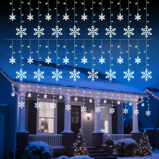 13ft 192 LED Snowflake Icicle Lights with 16 Drops for Christmas Roof Decor, 12 Modes, White