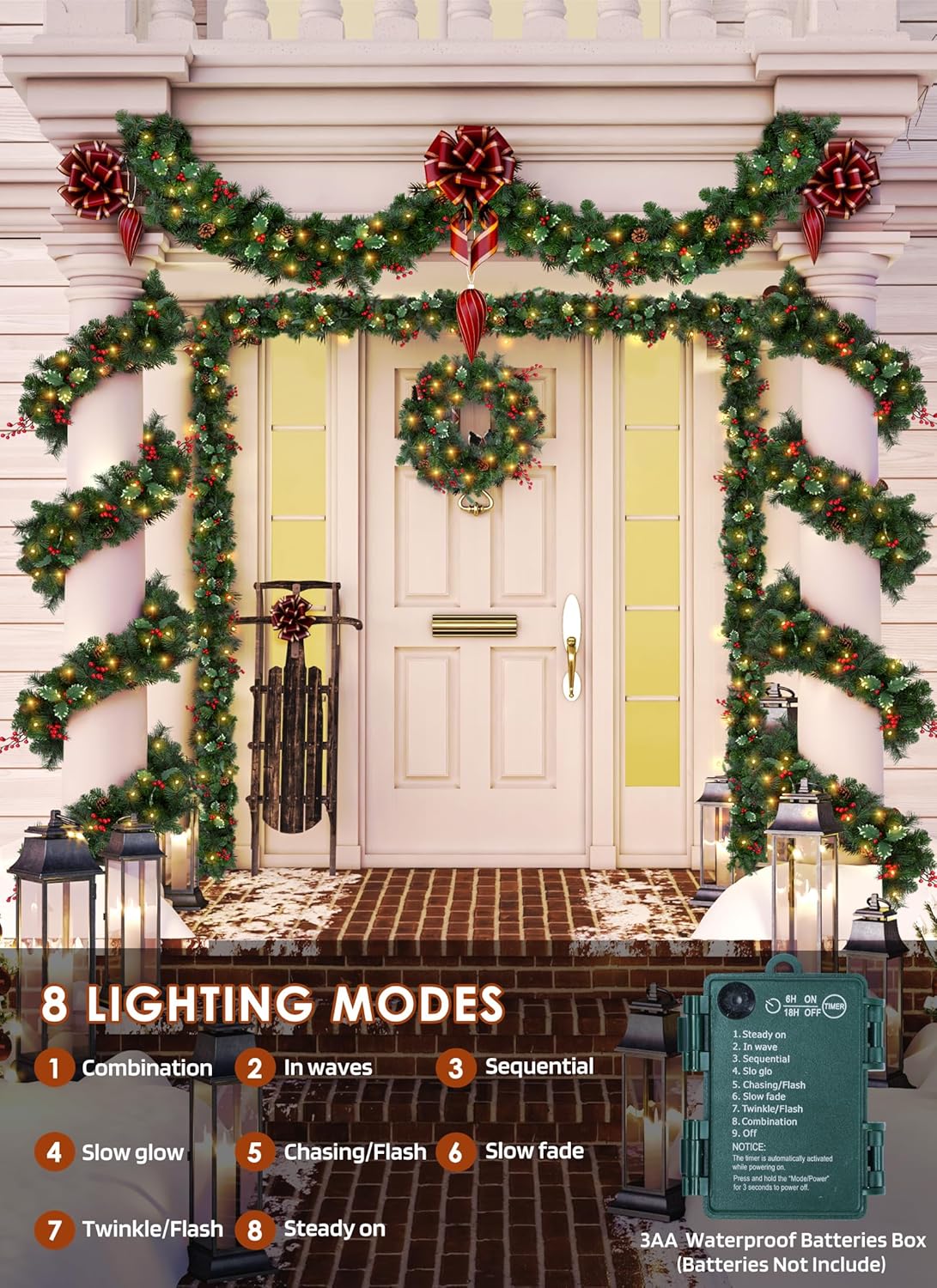 Pre-lit Christmas Garland with Lights, 9Ft 100LED Lighted Garland with 8 Light Modes & Timer