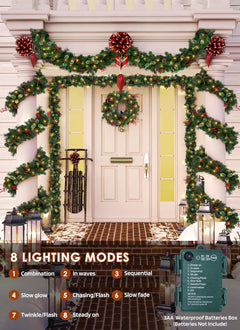 Pre-lit Christmas Garland with Lights, 9Ft 100LED Lighted Garland with 8 Light Modes & Timer