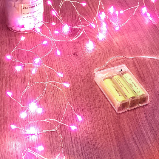 Pink 5ft 60 LED Battery Operated Silver Wire Firecracker Lights for Valentine Wedding DIY Decor