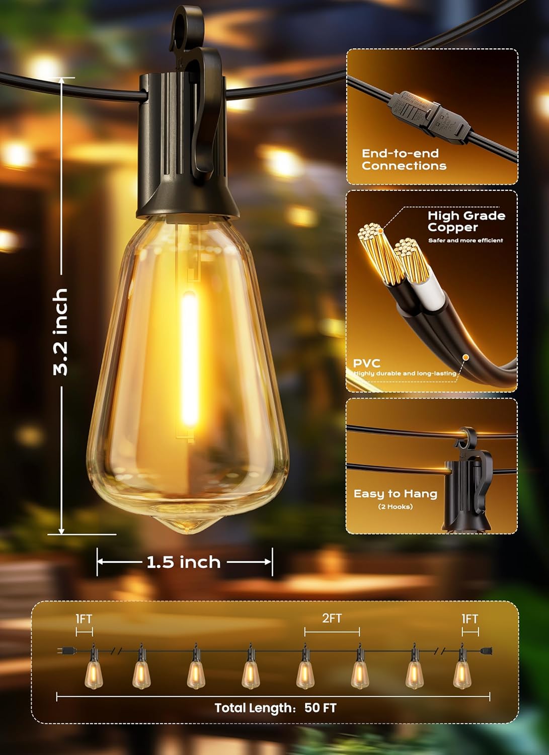 50FT 25+2 Shatterproof Edison LED Lights Outdoor IP65 Waterproof Lights for Backyard Porch Deck