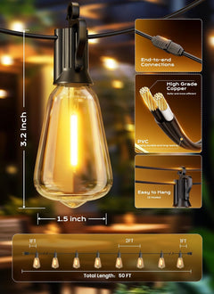 50FT 25+2 Shatterproof Edison LED Lights Outdoor IP65 Waterproof Lights for Backyard Porch Deck