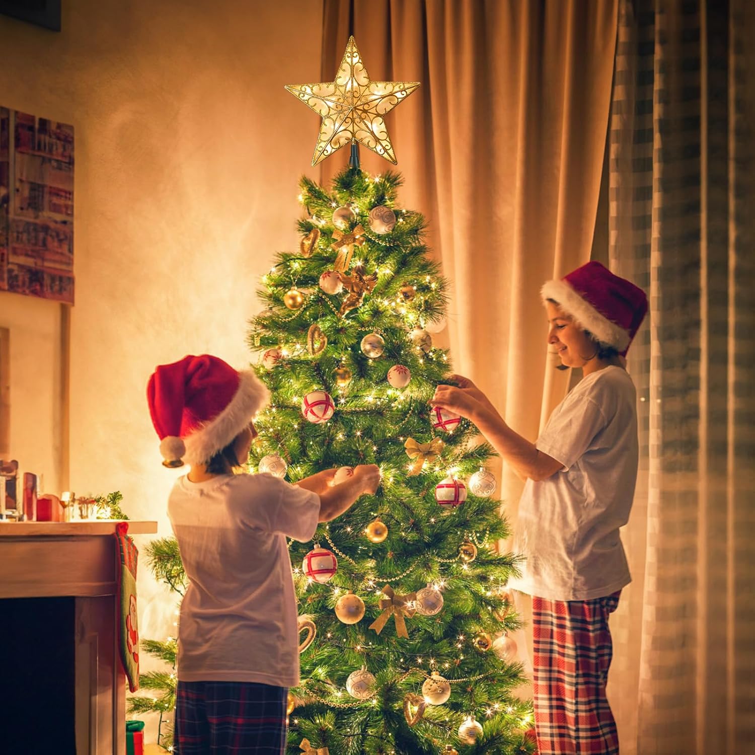 Christmas Star Tree Topper, 9.5 in Plug in Golden Glittered 3D Star Tree Topper, Metal Hollow Designed Built-in 10 Bulbs String Lights for Indoor Office Christmas New Year Holiday Tree Decoration