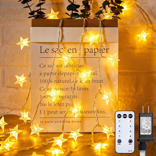 66ft Plug in 200 LED Warm White Stars String Lights with Remote for Holiday Decor, 8 Modes