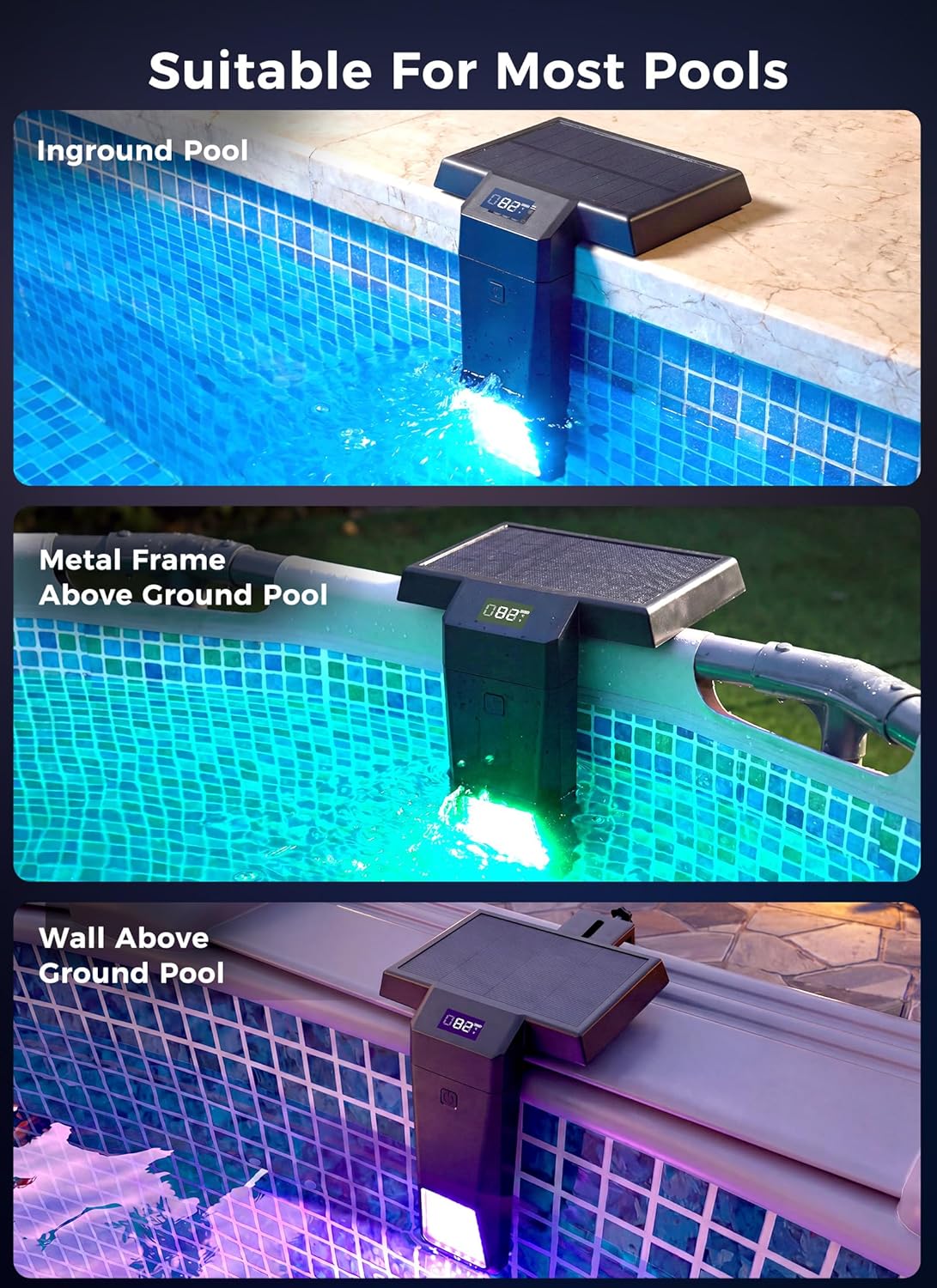 Solar Powered Color Changing LED Pool Lights for Inground & Above Ground Pools, Timer & Remote