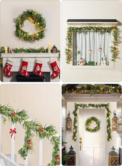 Pre-lit Christmas Garland with Lights, 6 Feet 20 LED Battery Operated Lights with Pine Cones, Berry, Eucalyptus Leaves, Indoor Door