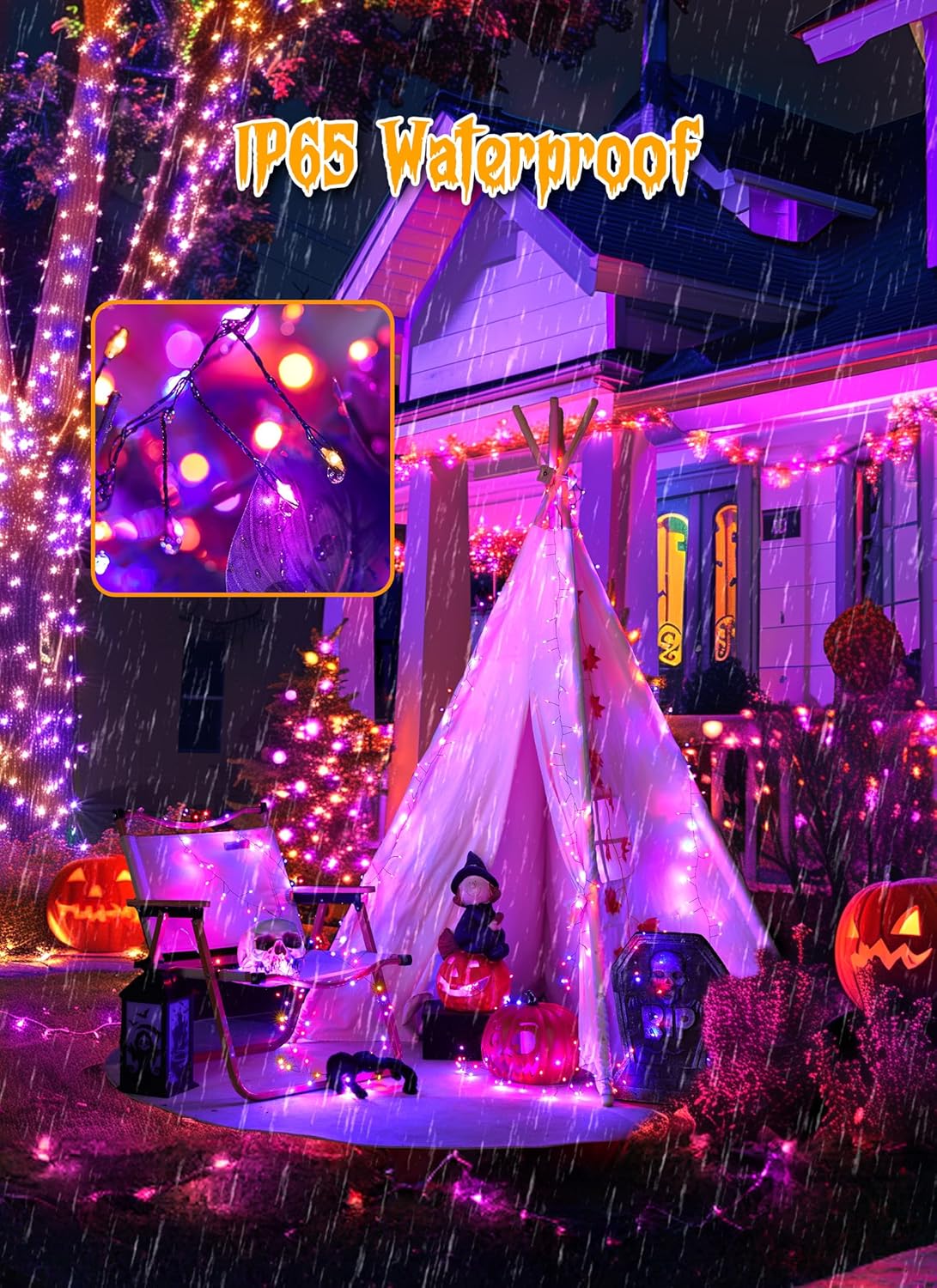 20ft 240 LED Solar Firecrackers Twinkle Lights for Halloween Haunted House Party, Orange and Purple