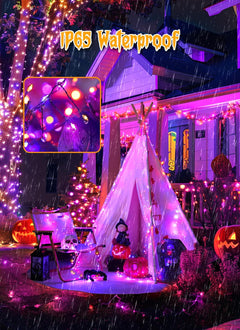 20ft 240 LED Solar Firecrackers Twinkle Lights for Halloween Haunted House Party, Orange and Purple
