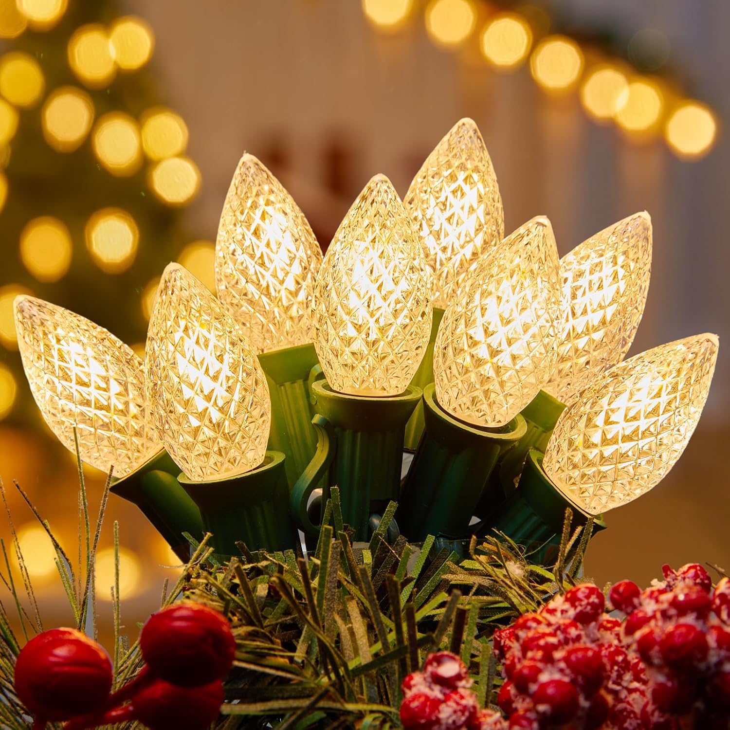 100FT C7 100 Bulbs LED Warm White Christmas Lights Outdoor for Christmas Tree Roofline Xmas