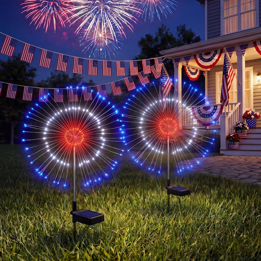 2 Pack 150 LED Firework Solar Powered Stake Lights for Independence Day, Red Blue White