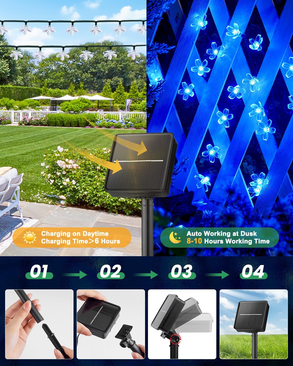 Solar Powered 26ft 60 LED Flowers String Lights for Garden Yard Fence Decor, Blue