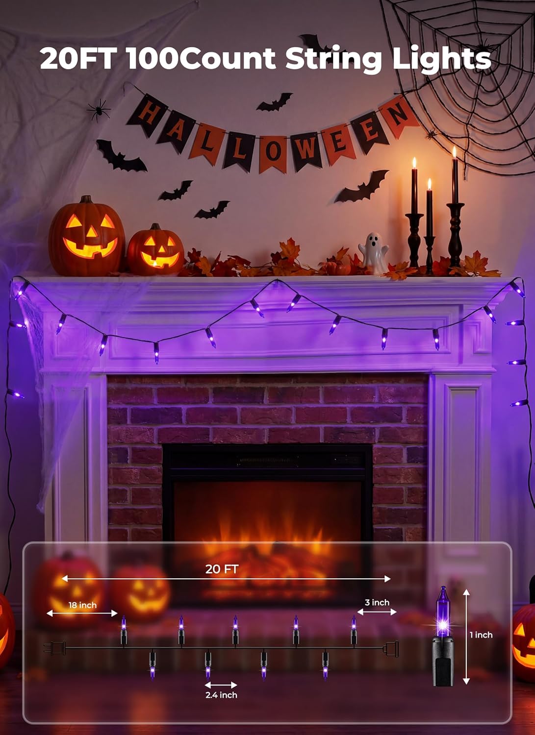 20Ft 100 LED Plug in Mini Incandescent Bulbs String Light for Halloween Haunted House Party, Purple