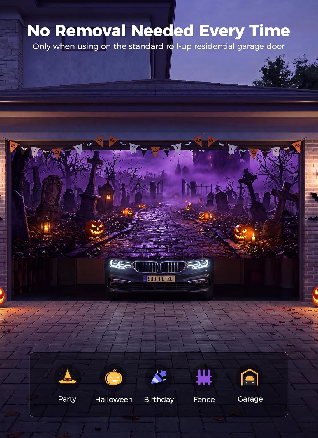 7x16ft Halloween Garage Cover for 2-Car Garage Door with Magnetic Hook and Ropes, Haunted Graveyard Castle