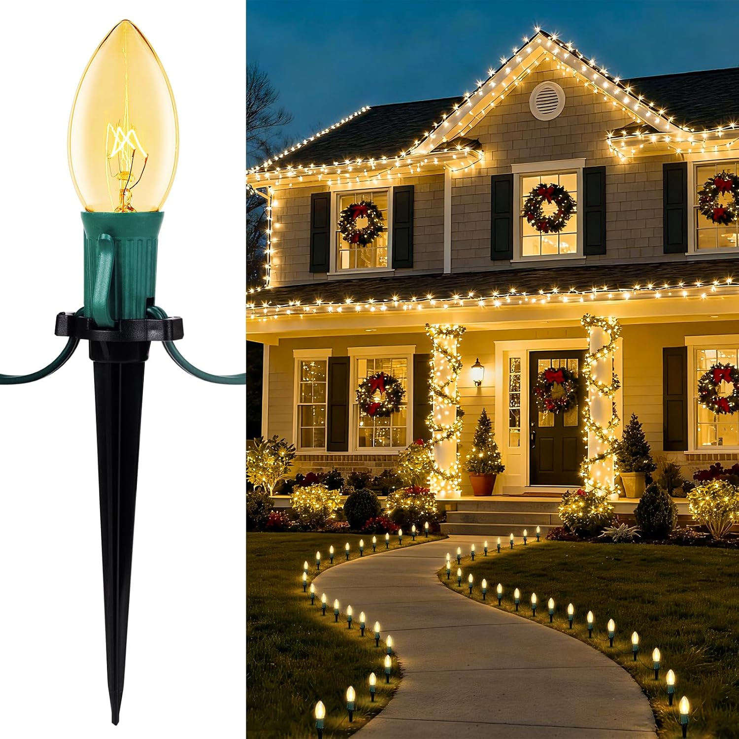 Christmas Pathway Lights with C9 Incandescent Bulbs on Green Wire