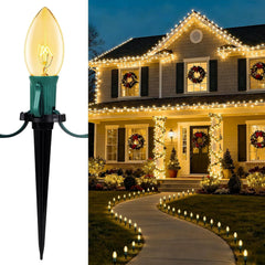 Christmas Pathway Lights with C9 Incandescent Bulbs on Green Wire