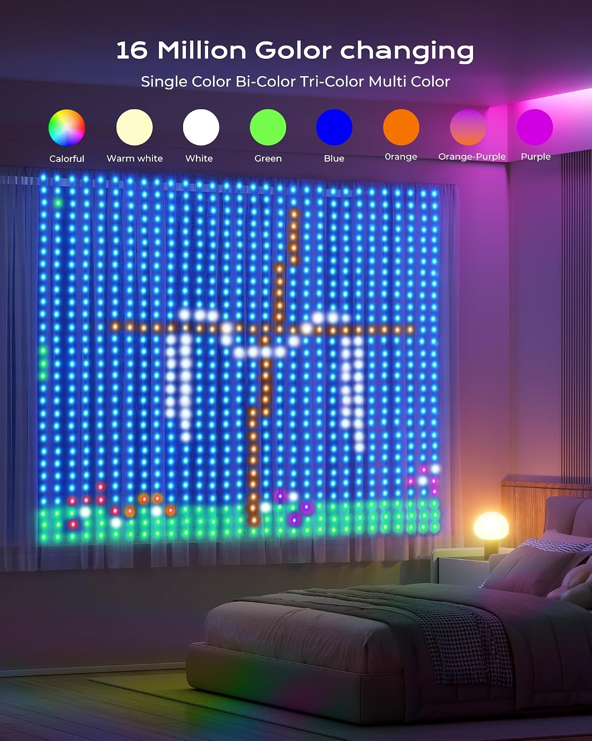 6.6x6.6ft Plug in 400 RGB LED Color Changing Smart Curtain Fairy Lights with Remote for Bedroom Window