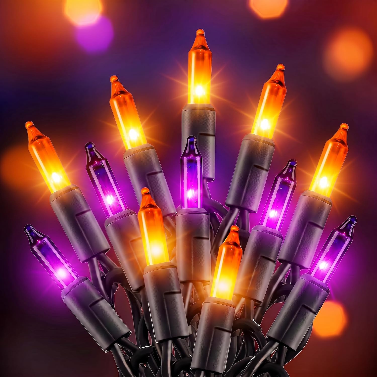 40Ft Plug in Mini Bulbs String Light for Halloween Haunted House Party, Orange & Purple