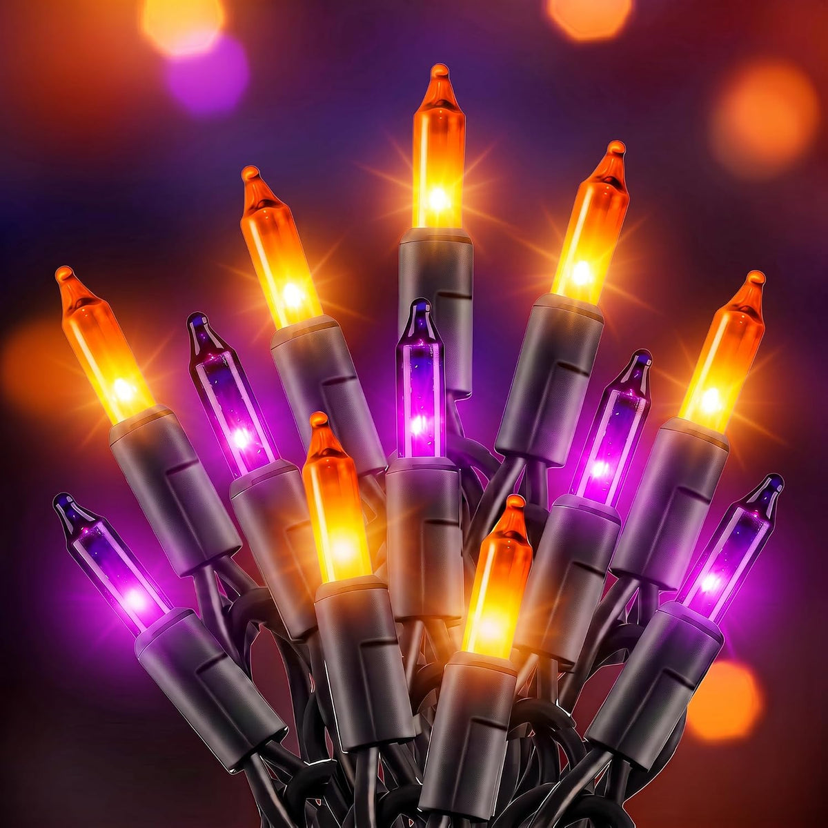 40Ft Plug in Mini Bulbs String Light for Halloween Haunted House Party, Orange & Purple