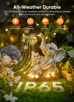 Solar Powered Elephant Statue with DIY LED & 5 Succulent LED Lights for Garden Backyard Decor