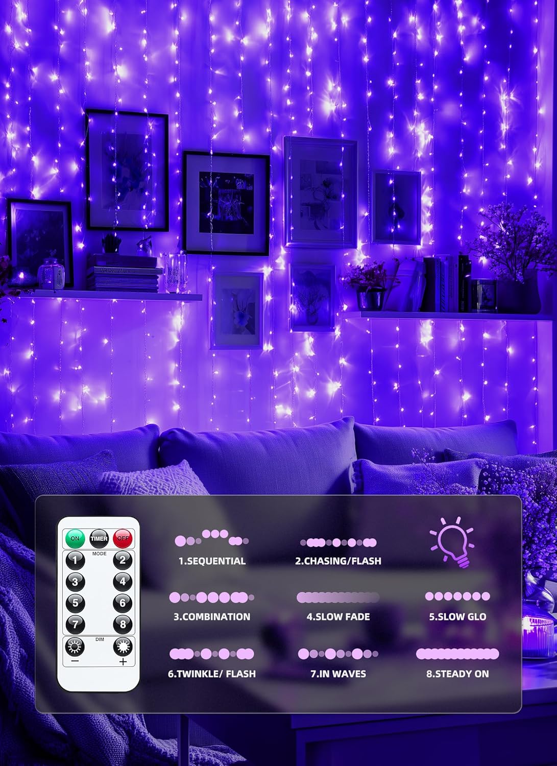 300 LED Purple 9.8ft x 9.8ft Fairy Curtain Lights for Bedroom Christmas Decoration, USB Powered