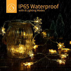 39 FT 100 LED Solar Powered Christmas Snowflake String Lights with 8 Modes, Warm White