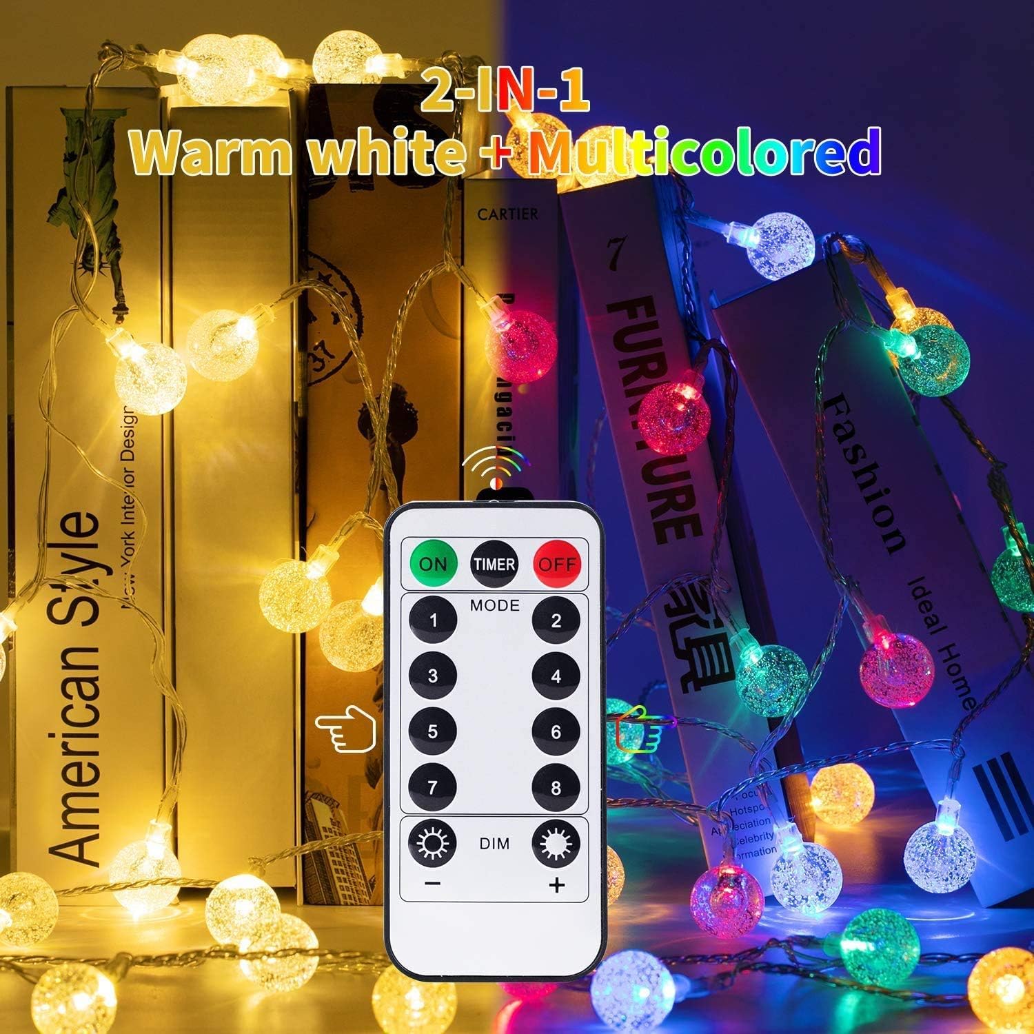 33ft 100 LED USB Plug in Crystal Globe Fairy Lights with Remote, 8 Modes, Warm White and Multicolor