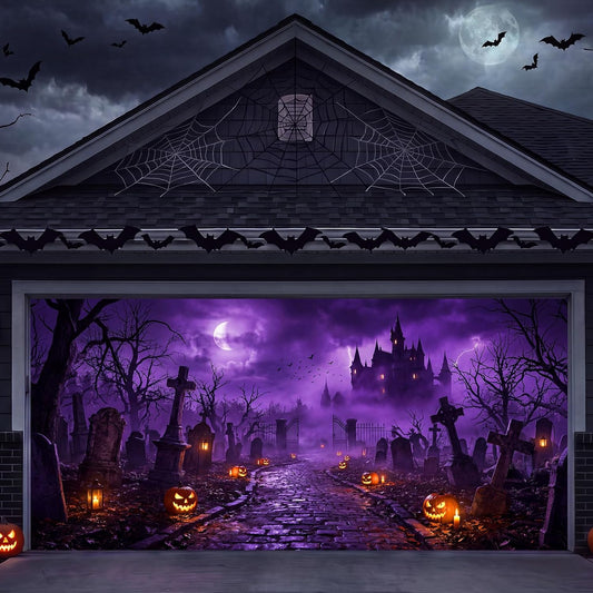 7x16ft Halloween Garage Cover for 2-Car Garage Door with Magnetic Hook and Ropes, Haunted Graveyard Castle