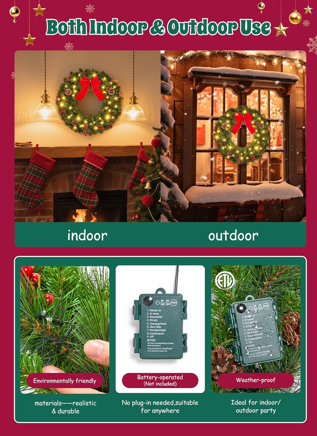 Brightown 24 Inch Pre-Lit Christmas Wreaths for Front Door, IP44 Battery Operated 50 LED Christmas Wreath, Decor with Pinecones Pine Needles Branches Red Berry Mini Bow for Front Door Wall Window