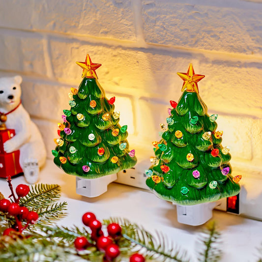 2 Pack Vintage Christmas 6" Ceramic Tree Night Light with Star Topper for Xmas Bedroom, Green