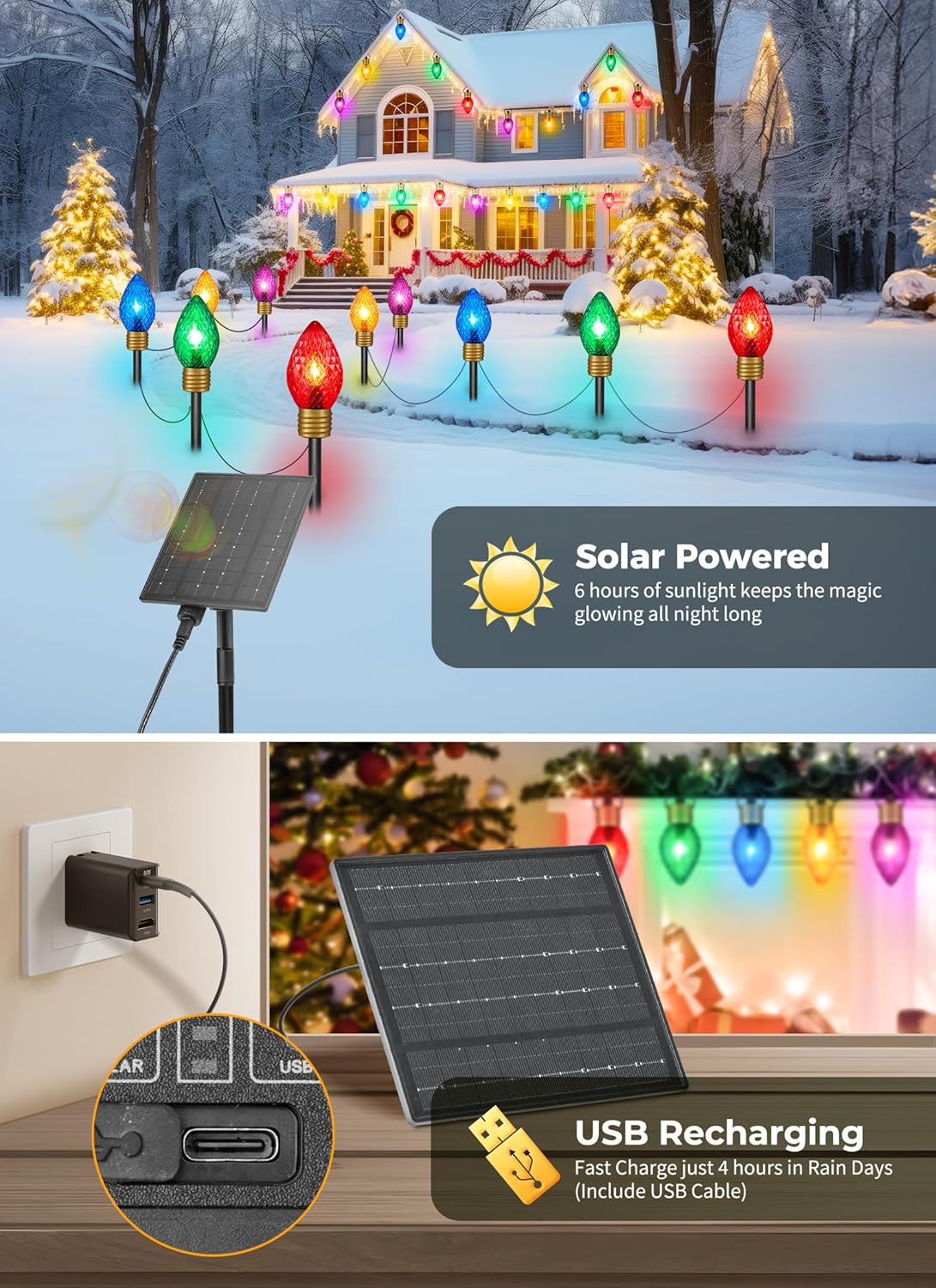 Solar Strawberry Jumbo Christmas Lights Outdoor - 2 Pack Total 44 FT 20 LED Jumbo C9 Christmas Pathway Lights with Timer, 8 Modes, Multicolor