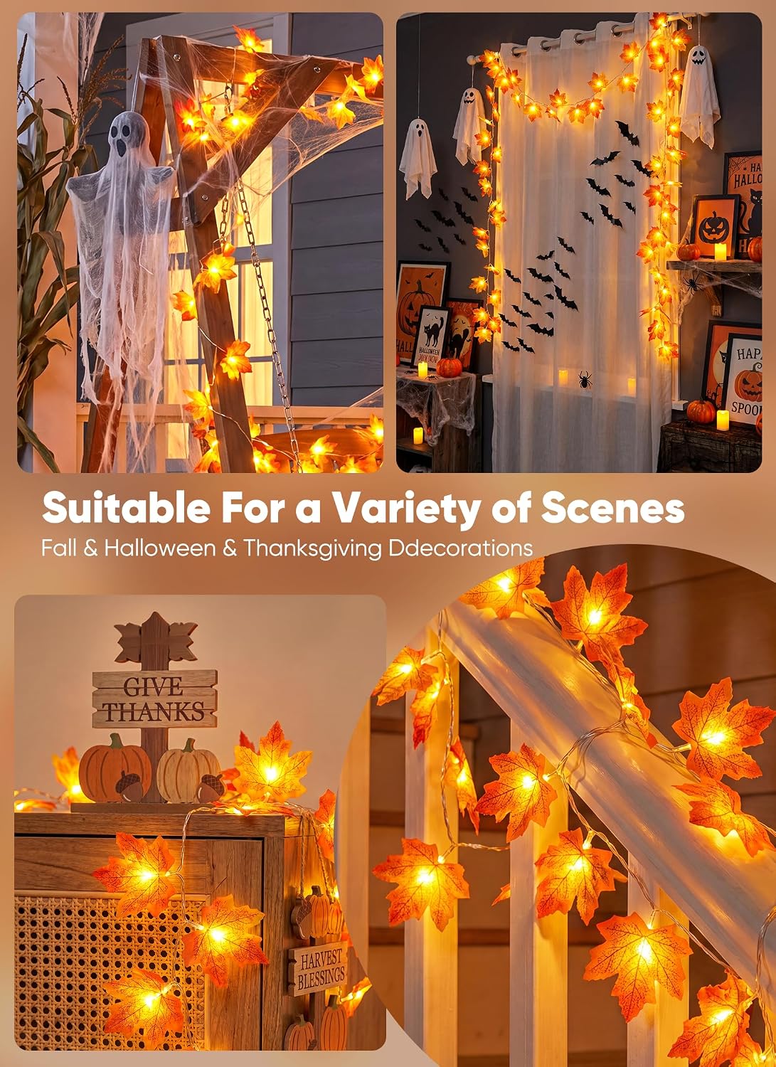 2Pack Total 20Ft 40LED Battery Operated Fall Garland with Lights for Halloween Autumn Fall Decor