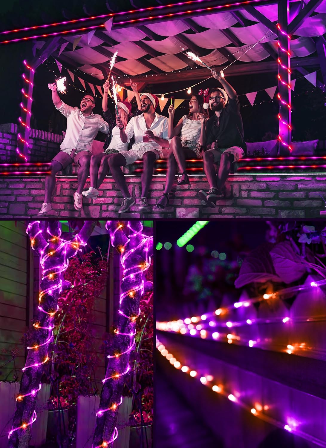 39FT 100LED Solar Rope Lights for Halloween Haunted House Party, 8 Modes, Orange and Purple